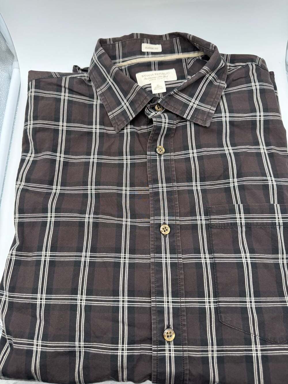 Banana Republic Men's Brown and Black Plaid Classic Fit Long Sleeve Button-Down